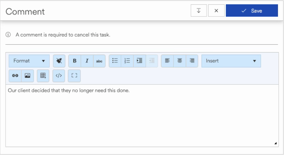 Comment section with formatting options and a message about task cancellation.